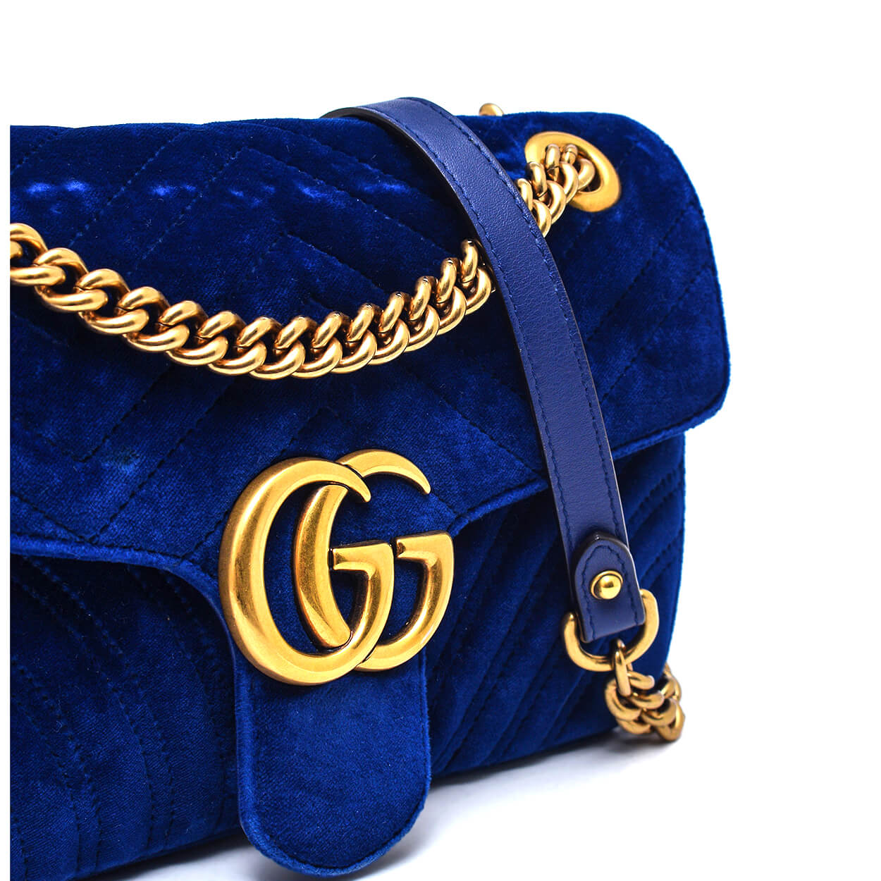 Gucci - Navy Blue Velvet Marmont Matelasse Medium Flap Bag